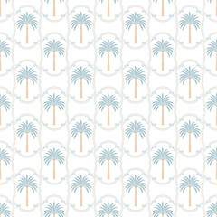 Obraz premium Soft blue palm tree seamless pattern with delicate tropical motifs on a light background.