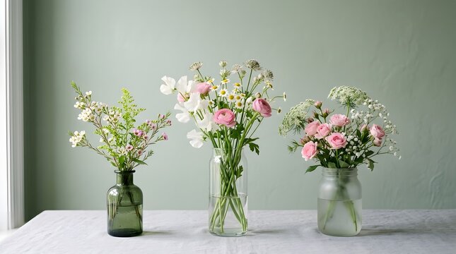Three beautiful and delicate floral arrangements are displayed in clear glass vases on a white surface before a soft green wall