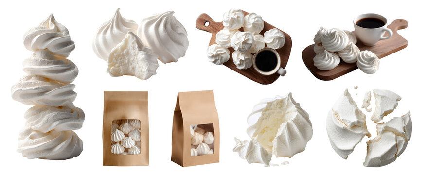 Set of Classic French light sweet crispy Meringue Cookie, confections biscuit treat, serving tray with coffee, resealable brown craft bag, stack pile broken bite, transparent cutout PNG Mockup