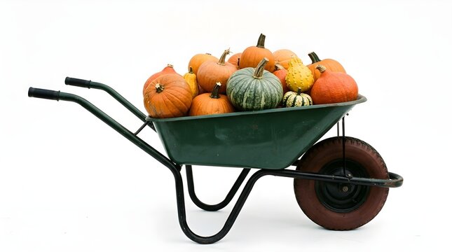 A bright green wheelbarrow is abundantly filled with a beautiful and diverse collection of pumpkins and uniquely shaped gourds for fall harvest