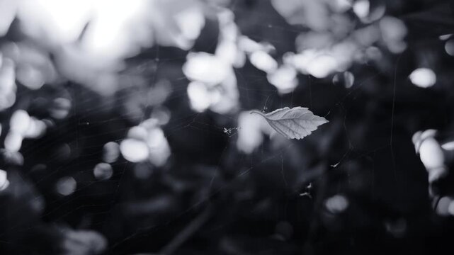 Monochrome film still. A delicate white leaf is caught in a web, suspended in mid-air against a dark, bokeh background of a forest. Fine grain texture.