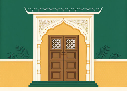 Traditional Andhra Pradesh doorway with carved wooden lintel and subtle geometric patterns  mustard  dark green and ivory palette  minimal vector illustration