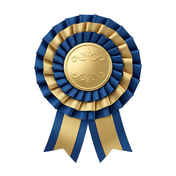 Premium blue and gold award ribbon rosette with engraved medallion for achievement and winner recognition, isolated on white background.
