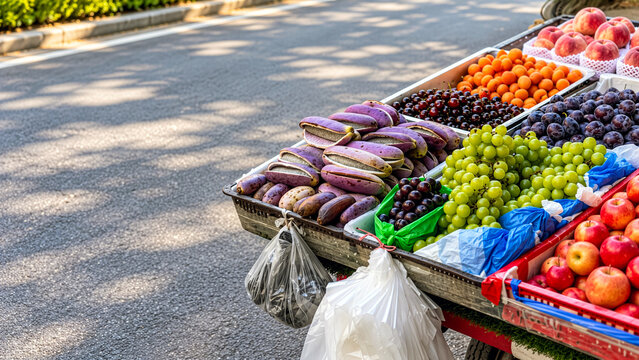 Colorful roadside fruit cart with akebia, grapes, peaches and apples on quiet Asian street with copy space