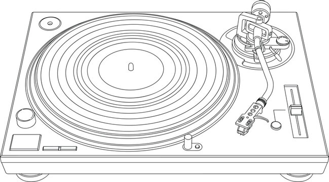 Professional black outline vector illustration of a classic vintage vinyl turntable record player