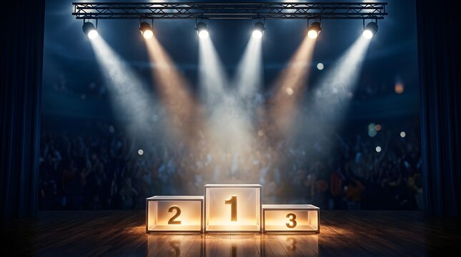 Dramatic bright stage lighting shines down on an empty winners podium displaying first second and third place positions awaiting champions celebration