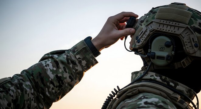 Soldier adjusting tactical helmet gear during outdoor field training