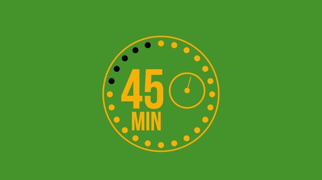 45 minute timer animation, with a green screen background. Circle icon with time indication, cooking time label. 4K