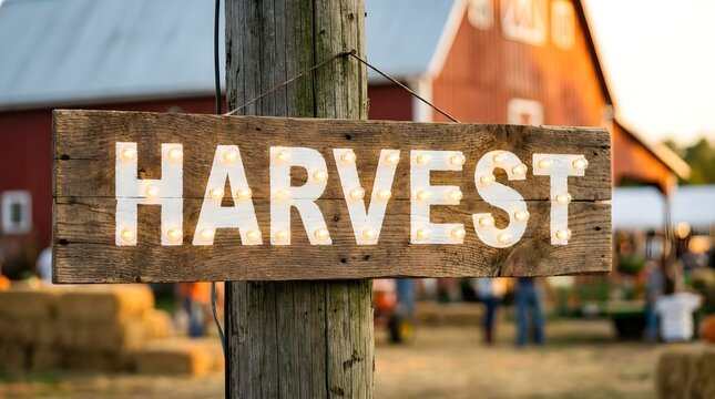 A beautifully crafted rustic wooden sign displays the word harvest with a softly blurred barn and a warm golden sunset establishing a