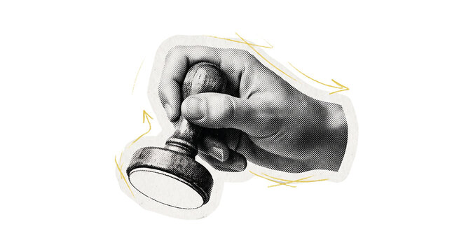 Hand holding rubber stamp in halftone style isolated on transparent background png