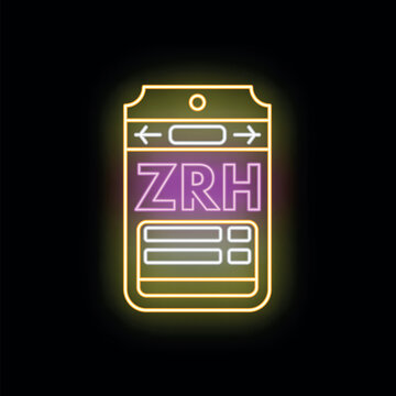 Neon zrh airport baggage tag glowing with yellow and pink light on a black background