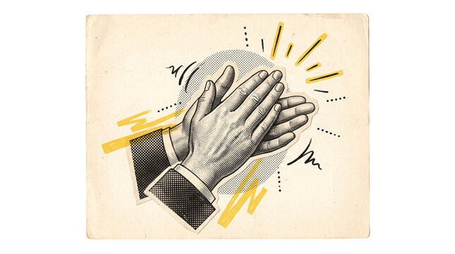 Vintage pop art clapping hands halftone isolated on transparent background png