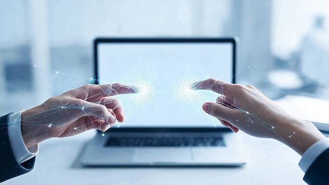 Two hands in suits interacting with glowing digital network lines over a laptop
