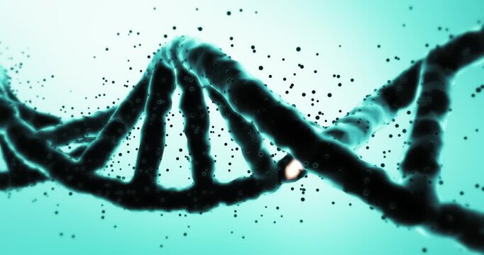 3D animation of human genome helix rotating with glowing orange mutated segment. Science and Medical Concept.