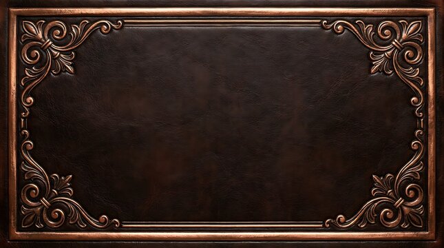 Luxury dark brown leather background with ornate vintage copper metallic frame and central copy space