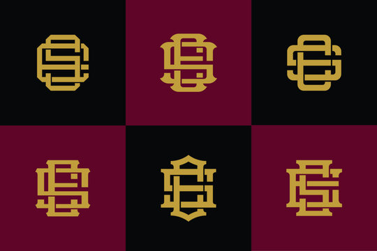 Collection of six golden vintage TE monogram logo designs on black and maroon backgrounds.