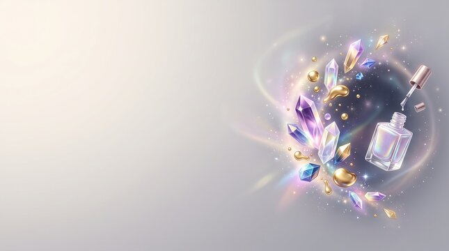 A fantasy illustration of iridescent crystals surrounded by swirling golden liquid and an open nail polish bottle with sparkles.