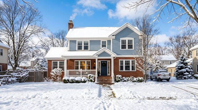 A delightful two story house is peacefully covered in a blanket of fresh winter snow under a bright sunny sky