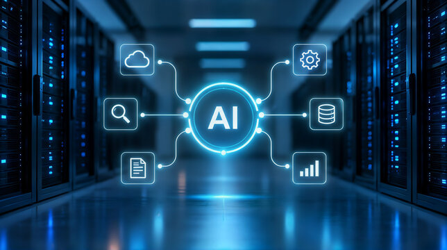 Futuristic server room with glowing blue digital AI interface icons representing cloud computing, big data processing, and artificial intelligence in a modern data center infrastructure.