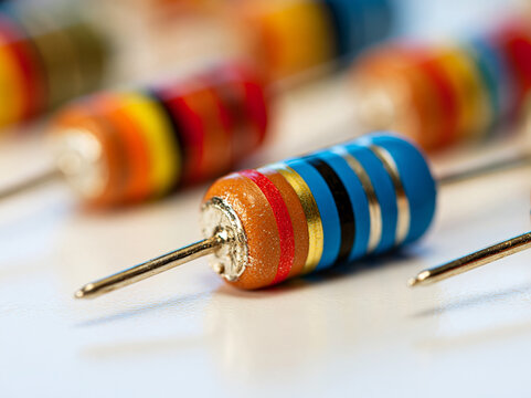Close up shot of electronic resistors with colorful bands indicating resistance values