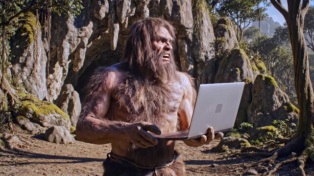Caveman entering cave path with laptop and confused expression, ideal for computer onboarding, remote work barriers, digital literacy gaps, software training, and technology adaptation satire