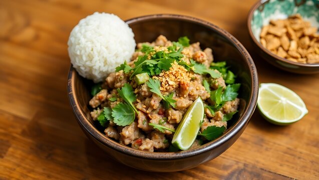 Lao larb minced meat salad with herbs, lime, and toasted rice powder, plated neatly with sticky rice ball