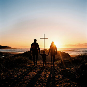 A family silhouette of two parents and a child stands near a wooden cross on a beach at sunset, symbolizing faith and hope.