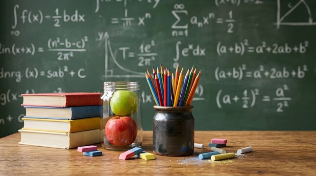 A quiet classroom still life arrangement featuring textbooks colorful pencils fresh apples and a chalkboard filled with detailed mathematical formulas and equations