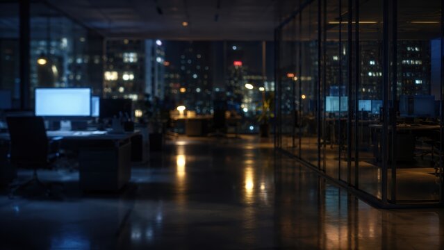 Dark modern office at night with empty desks, glowing computer monitors, glass walls, reflective floors and blurred city lights outside, creating a quiet corporate workspace after hours