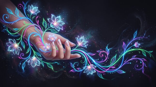 A digital illustration of a delicate hand surrounded by glowing neon flowers and vines against a dark, mystical background.