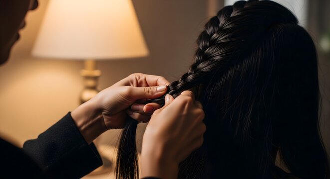 Stylist hands braiding dark hair for a woman indoors at home