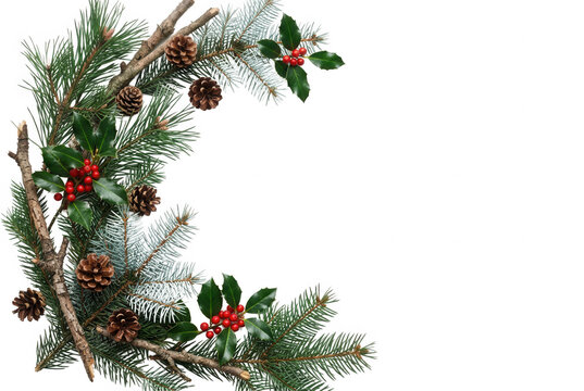 白い背景に配置された松ぼっくりとヒイラギのクリスマスの装飾