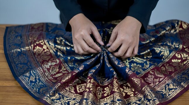 Close up of hands pleating a traditional Balinese silk sarong with gold patterns, showcasing modern cultural lifestyle and textile craft.