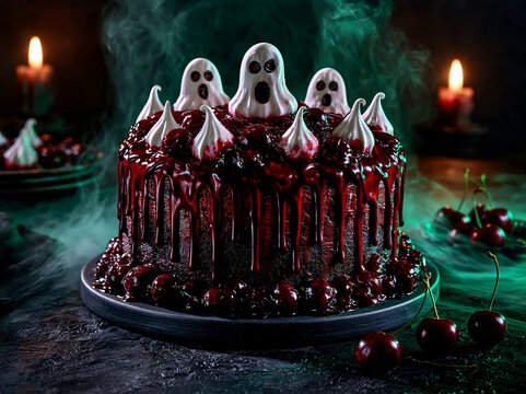 G&acirc;teau for&ecirc;t-noire d'Halloween aux fant&ocirc;mes en meringue et cerises, dans une ambiance myst&eacute;rieuse avec brume verte et bougies