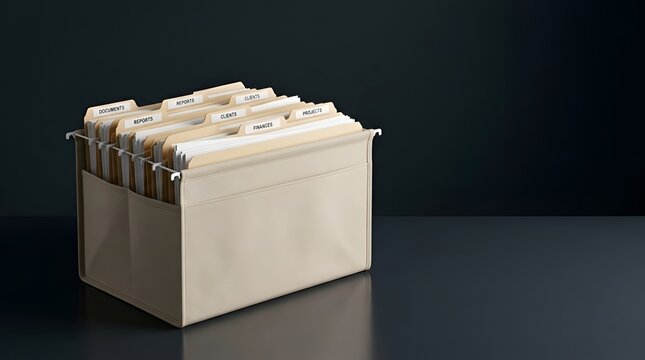 Organized hanging file box with generic labeled folders for reports, clients, and finances on a dark reflective desk, professional document management concept.