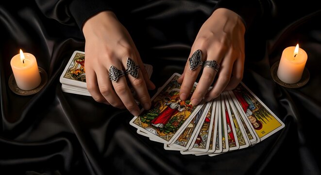 Tarot card reader hands with rings selecting cards by candlelight