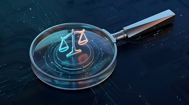 Futuristic magnifying glass inspecting a glowing scales of justice icon on a dark blue digital circuit background, symbolizing cyber law, legal technology, and digital forensic investigation.