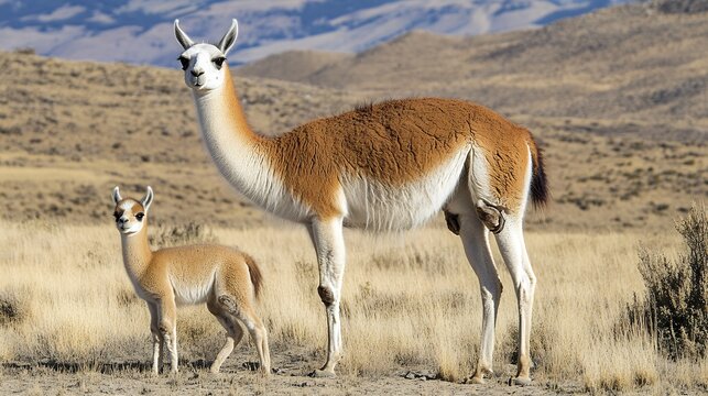 A guanaco and its calf stand proudly in a mountain landscape, showcasing the harmony of the wild