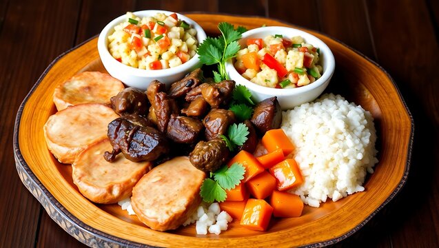 Kenyan nyama choma with kachumbari salad and ugali on a rough wooden platter
