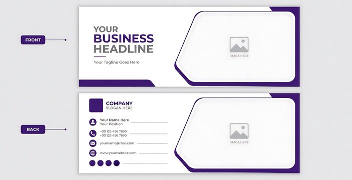 Professional business card template, modern purple corporate stationery design, front and back identity layout with image placeholders