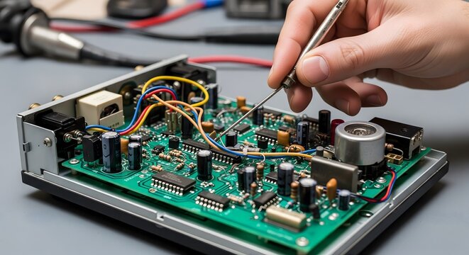 Technician repairing electronic circuit board with metal probe tool