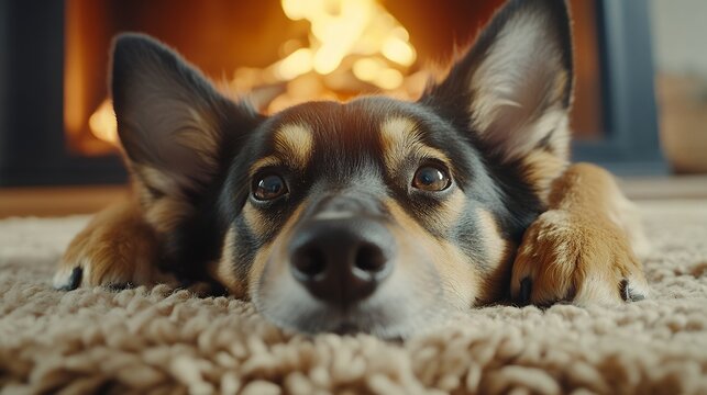A charming mixed-breed dog rests peacefully on a plush carpet, gazing intently at a warm fireplace in the background