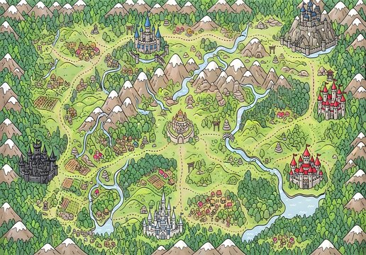 Cute Hand-Drawn Fantasy World Map with Multi-Colored Castles