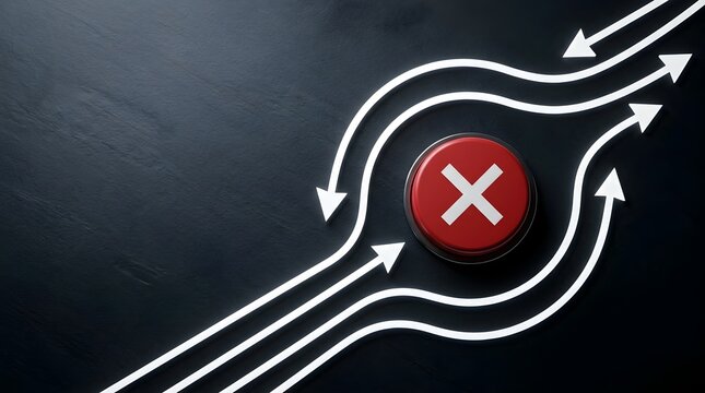 Red button with white cross mark and glowing arrows showing a bypass route on dark background, illustrating redirection and error avoidance.