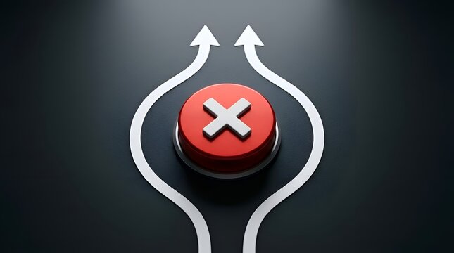 Two white arrows bypassing a red X button on dark background, symbolizing alternative paths, strategic choice, and overcoming business obstacles.