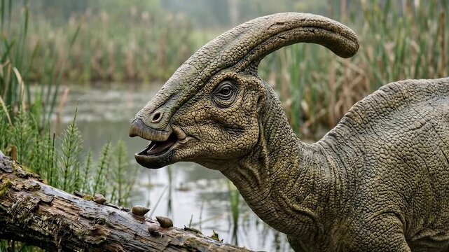 Close up profile of a realistic green and brown parasaurolophus dinosaur standing by a fallen log in a misty prehistoric wetland swamp surrounded by tall reeds and calm water