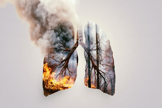 Human lungs filled with burning forest and wildfire smoke, illustrating air pollution, respiratory health risks and climate-related smoke exposure for health campaigns