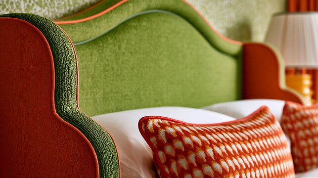 Colorful vintage style headboard with patterned cushions in a hotel bedroom.