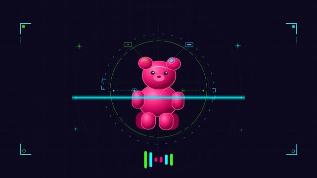 Pink gummy bear scanned by digital interface in sci fi