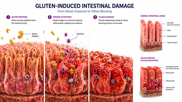 Educational medical infographic showing stages of gluten induced villous blunting in celiac disease